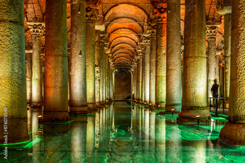 People silhouette and reflections among the columns of the Cistern Basilica