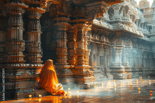 In the light of dawn, a woman in a sari prays at a temple entrance, with candles and detailed stonework adding to the peaceful atmosphere