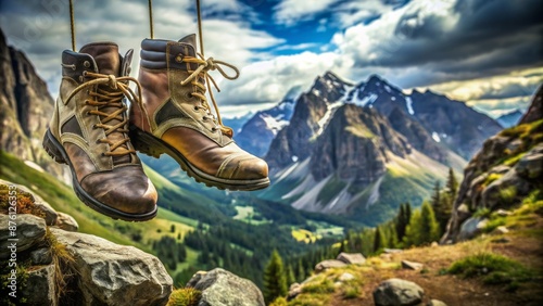 Rugged terrain fills the frame, focusing on scuffed hiking boots, one suspended in mid-air, the other planted firmly on the trail.
