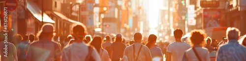 High-Resolution AI-Generated Wallpaper of a Bustling City Street in Summer Heatwave, People in Light Clothing, Searching for Shade, Noon Urban Landscape with Glimmering Streets