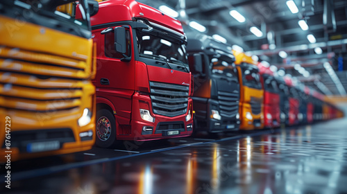 Row of Modern Trucks in Warehouse. Row of brightly colored, modern trucks parked inside a well-lit warehouse, showcasing logistics and transportation vehicles.