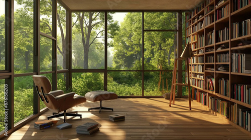 A bookshelves and a comfortable reading chair by a large window, offering a quiet sanctuary for pursuits and introspection