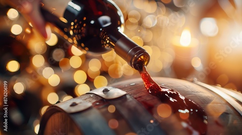 A close-up of wine being poured from a bottle into a barrel with a bokeh background, capturing the essence of a festive event or tasting session.
