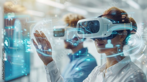 Corporate team in a virtual reality brainstorming session, with futuristic holographic displays. VR, Digital, High-Resolution, Soft Blue and White