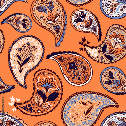 Bohemian floral paisley seamless repeat pattern. Random placed, vector folklore elements aop all over surface print on orange background.