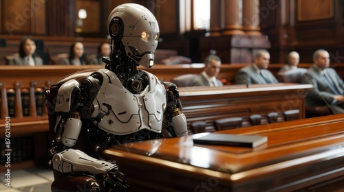 a courtroom where a robot judge is presiding over a case, with human lawyers and a jury present