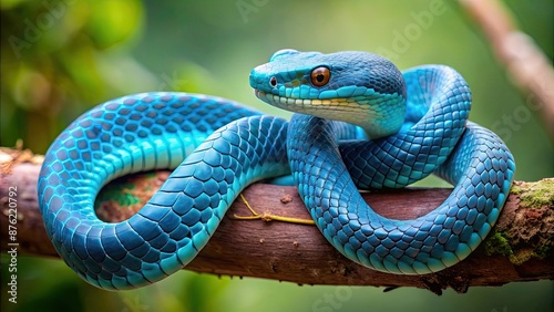 Close-up of a Blue viper snake wrapping around a branch in the Indonesian jungle , viper snake, blue, coiled, branch