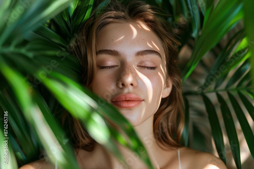 Woman basking in sunlight, surrounded by lush green plants, experiencing a serene and relaxing spa moment.