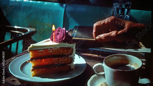  A slice of cake resting atop a white dish alongside a mug of joe and a nearby smartphone