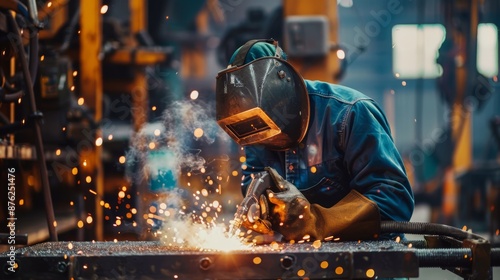 Industrial welder with sparks flying while welding metal