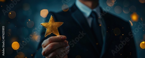 Businessman holding a yellow star, representing success, achievement, and recognition in a blurred bokeh background.