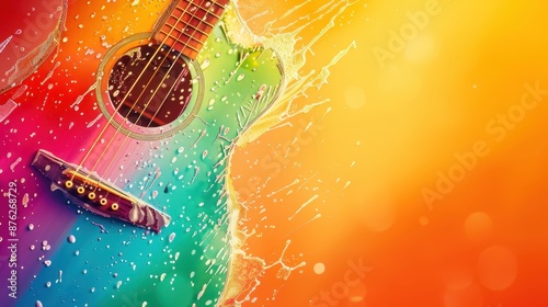a colorful guitar is shown in front of a rainbow background