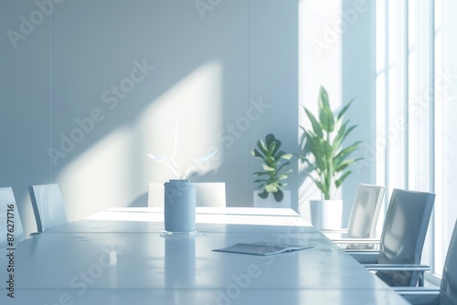 a conference room with white chairs and a potted plant