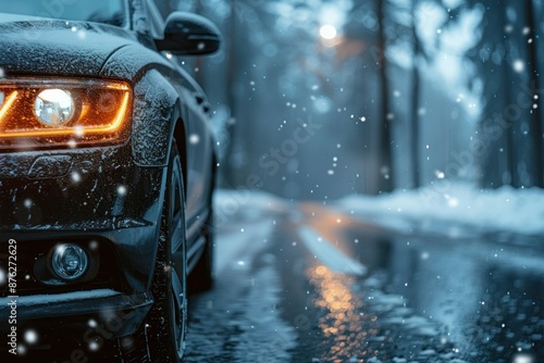 Winter wonderland black car driving through snowy road with falling snowflakes in background