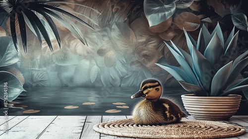  Duck on mat with potted plants adjacent