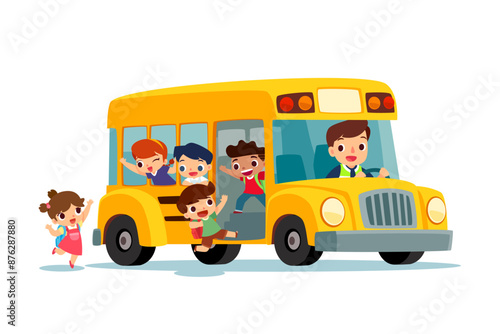 happy kids getting on school bus