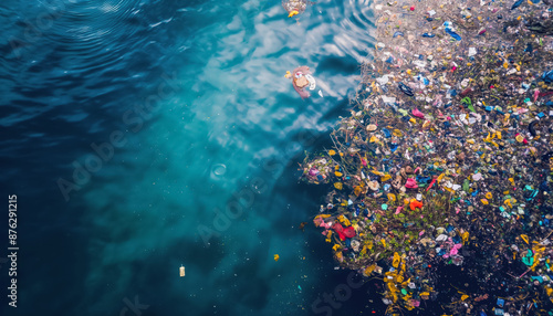 Various rubbish and garbage, mostly plastic floating on sea surface. View from above. Ocean great garbage patch concept. Generative AI