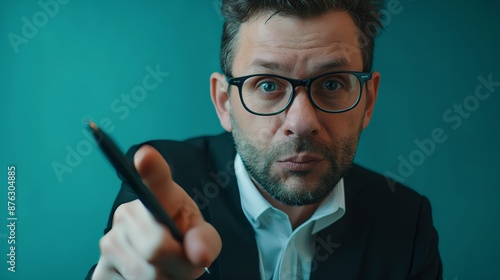 close-up portrait attractive confident man late thirties glasses short beard black suit pointing camera holding pen teal background cinematic realistic expressions