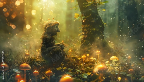 Dreamy troll figure in a fairy tale forest, surrounded by glowing mushrooms and magical dust, Fantasy, Soft lighting, Illustration, Mystical feel