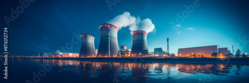 Nuclear Power Plant at Night illuminated at night, with lights on the structures and cooling towers. Generative AI