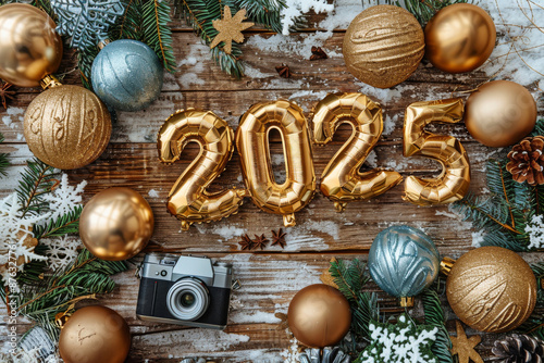 Gold Balloon 2054 New Year Decoration on Wooden Surface