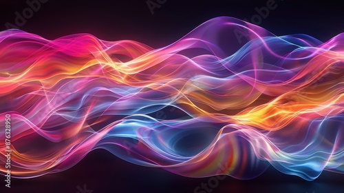 Waves of prismatic light flow in rhythmic patterns, creating a mesmerizing visual of color and fluid motion.