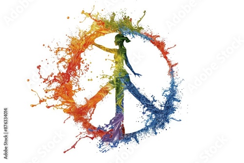A vibrant peace symbol formed by colorful liquid splashes, with a woman's silhouette standing within the symbol
