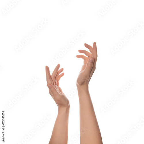 Gentle hands isolated on white background. Elegant motion and gesture female, tenderness.