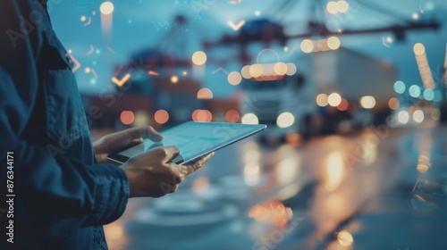 A logistics manager who uses a tablet to track shipments by various modes of transport, including trucks, ships and airplanes.