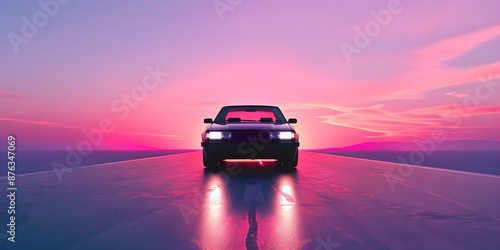 80s Synthwave Aesthetic A Nostalgic Neonlit Car Journey on a Retro Road. Concept 80s Synthwave, Neon Lights, Retro Road Trip, Nostalgia, Vintage Car