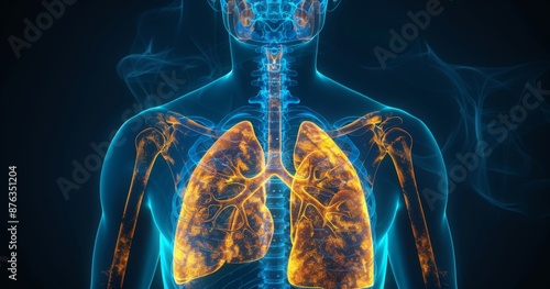 3D illustration of human respiratory system with highlighted lungs and trachea on dark background