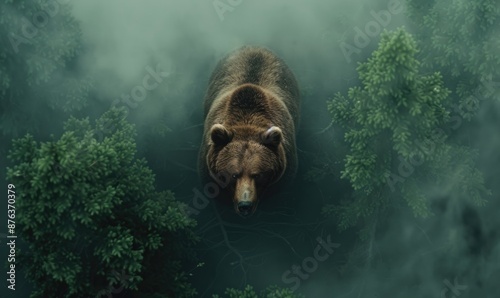 Top view of a bear walking through the forest