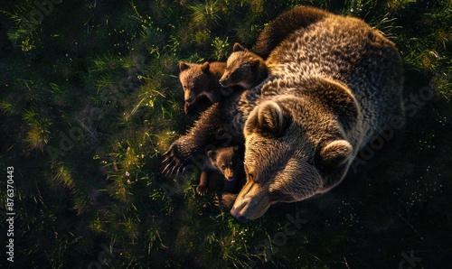 Top view of a bear with cubs, playing in the grass