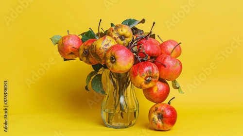 rotten apples in a vase on the yellow background isolated 