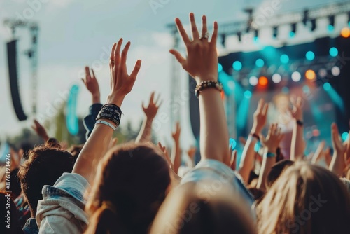 A cheerful crowd at an outdoor music festival during the day, with people dancing, singing along, and waving their hands in the air.