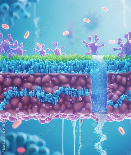 Concept Illustration of Membrane Ion Channels and Electrochemical Gradient in Biology