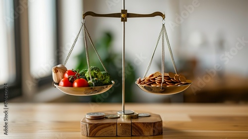 Vegetables and coins on a balance scale on a wooden platform, symbolizing economic decisions, health, and nutrition