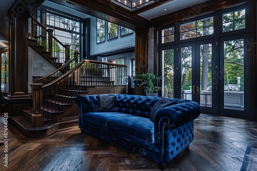 Elegant living room featuring a velvet sapphire blue sofa, elegant wood mantle staircase, and dark oak floors. Large windows bring in natural light, highlighting the sophisticated decor.