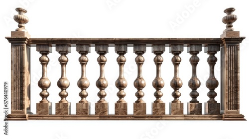 Isolated white background wooden balcony railing with columns