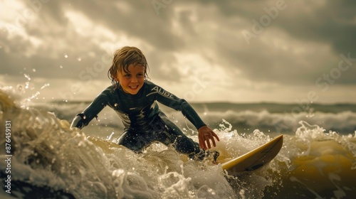 Excited Young Surfer Balances on Small Wave - Ideal for Summer Vacation and Surfing Themes