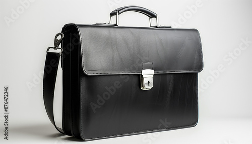 Elegant black leather briefcase with a handle and silver clasp isolated on a white background