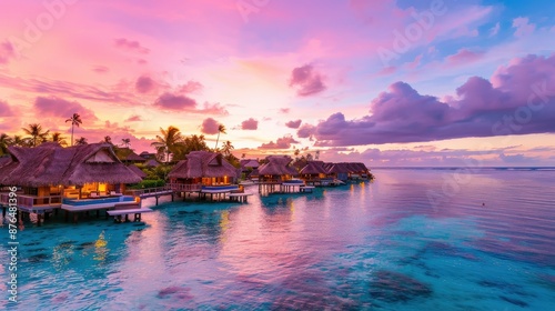 A beautiful beach with a group of small houses on stilts. The houses are lit up at night, creating a warm and inviting atmosphere. The water is calm and the sky is filled with clouds