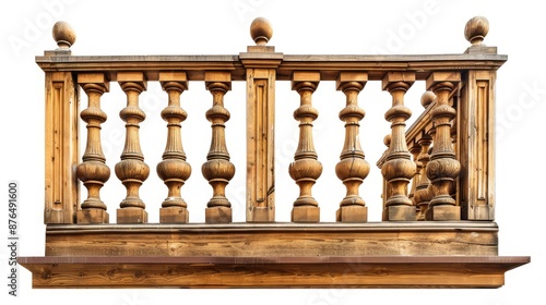 Isolated white background wooden balcony railing with columns