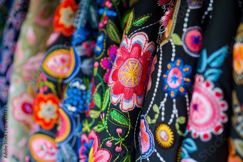 Intricately embroidered traditional Polish aprons for Easter, showcasing cultural heritage. Delicate patterns and bright colors evoke festive atmosphere.