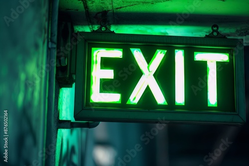 Green exit sign with a dark background