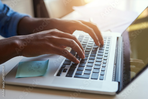 Business, hands and typing on laptop with person, sticky note and freelance journalist or emailing story. Paper reminder, editing and online article or browse for information, website and home