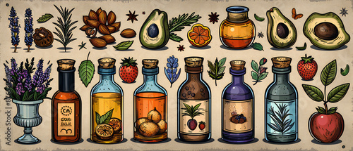 Natural Ingredients and Oils Vector Set