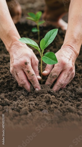 Hands planting a small green seedling in soil, representing growth, nature, and environmental conservation efforts.