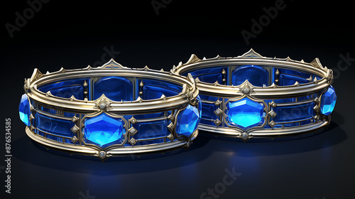 ornate golden circlets with glowing blue gems on black background