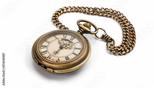 Antique pocket watch with a brass chain on a white background vintage and classic timepiece intricate and elegant